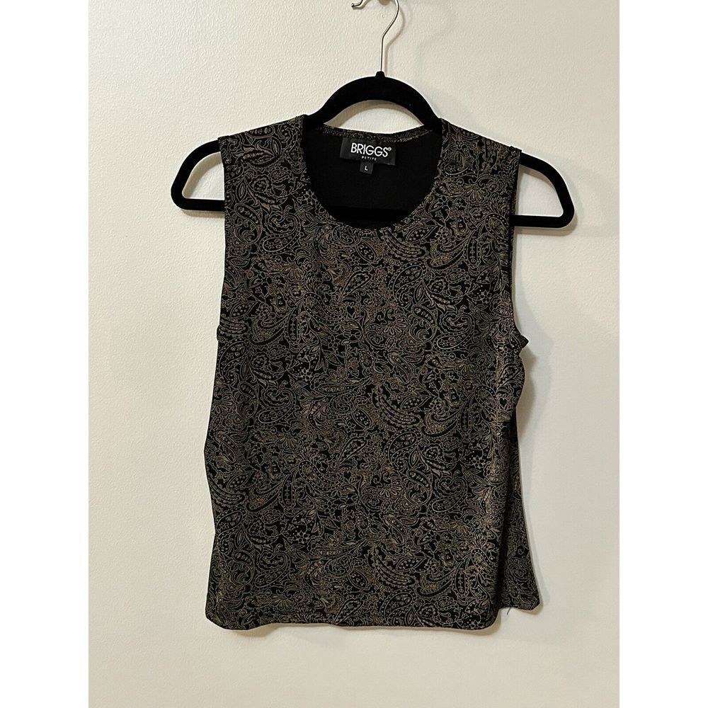 Briggs Women's Black And Gold Paisley Print Sleeveless Blouse Size L‎ Petite